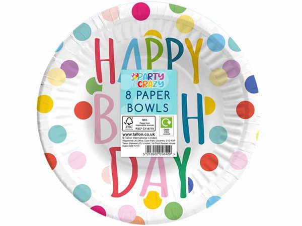 Party Crazy - Happy Birthday 8 Pack 18cm Paper Party Bowls