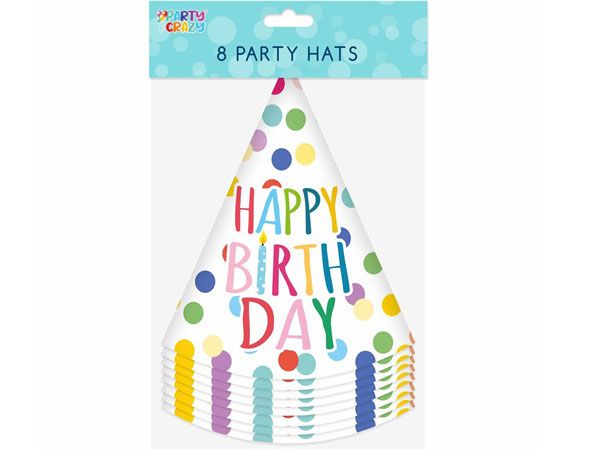 Party Crazy - Happy Birthday 8 Pack Card Party Hats