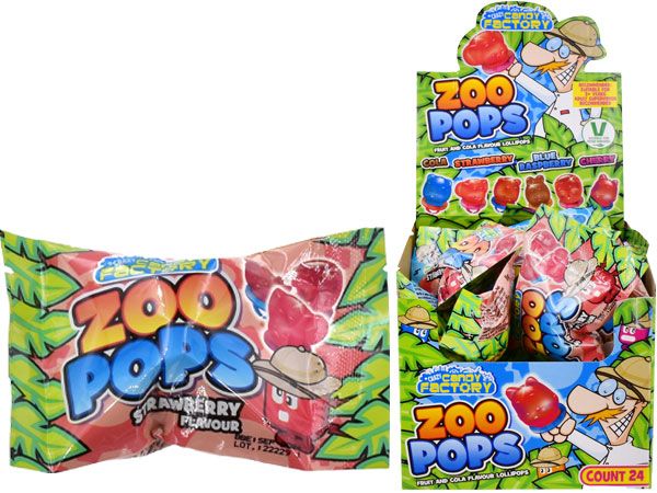 24x Zoo Pops Fruit & Cola Flavoured Lolipops In Counter Display